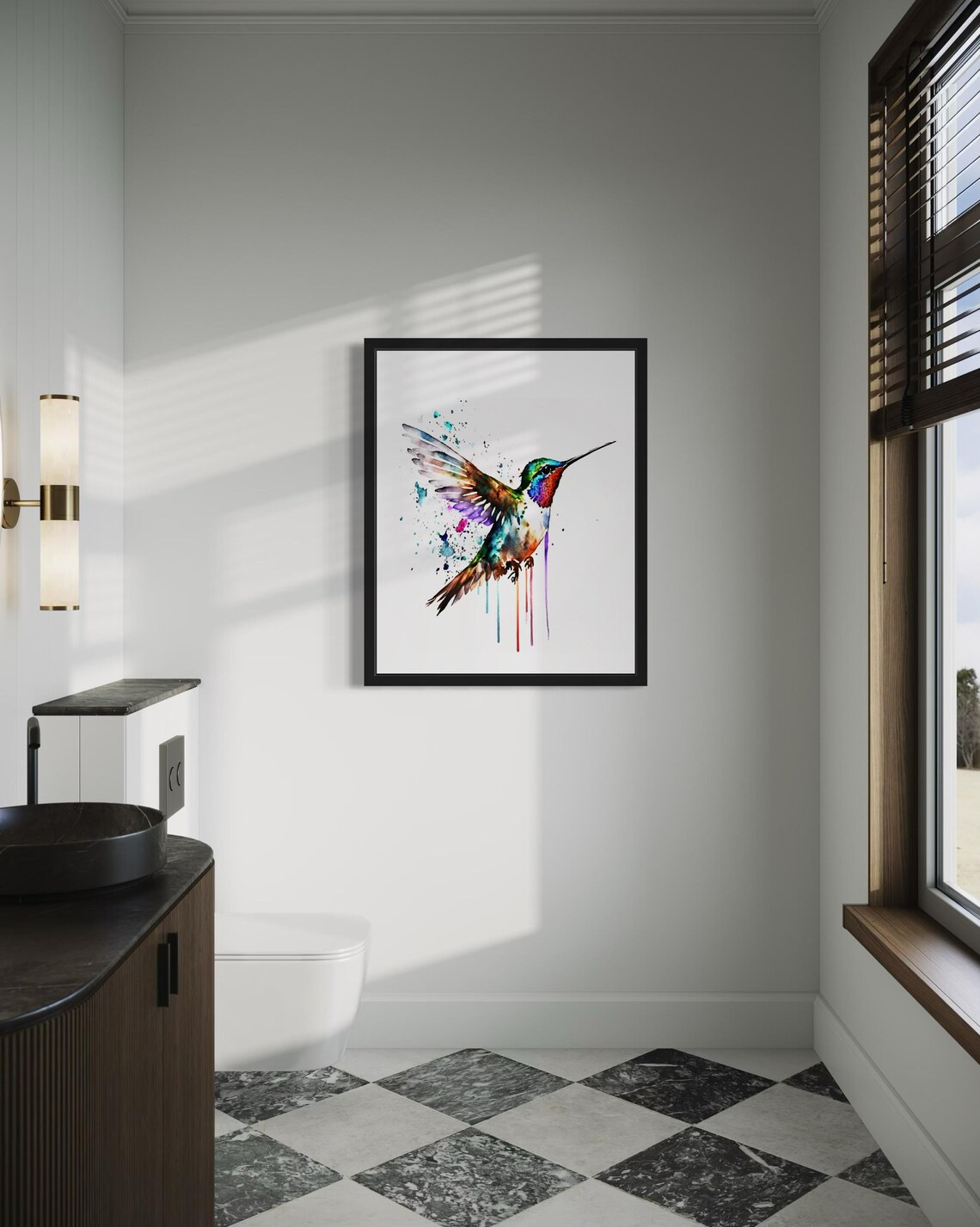 Hummingbird In Flight Colorful Watercolor Splash Bird Poster - Image 3