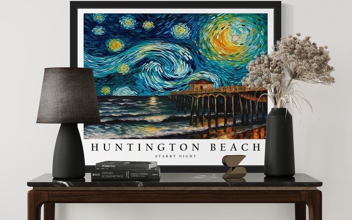 Huntington Beach California Pier Starry Night Ocean Waves Poster - Image 3