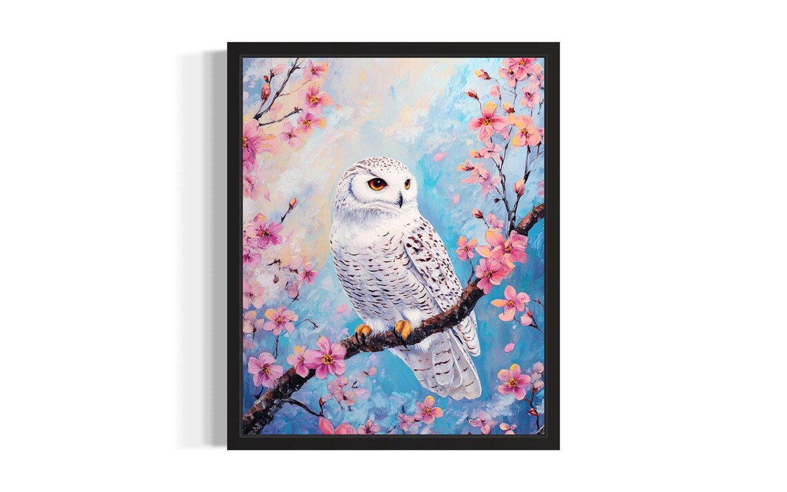 Snowy Owl Cherry Blossom Branch Pastel Winter Bird Painting Wall Art