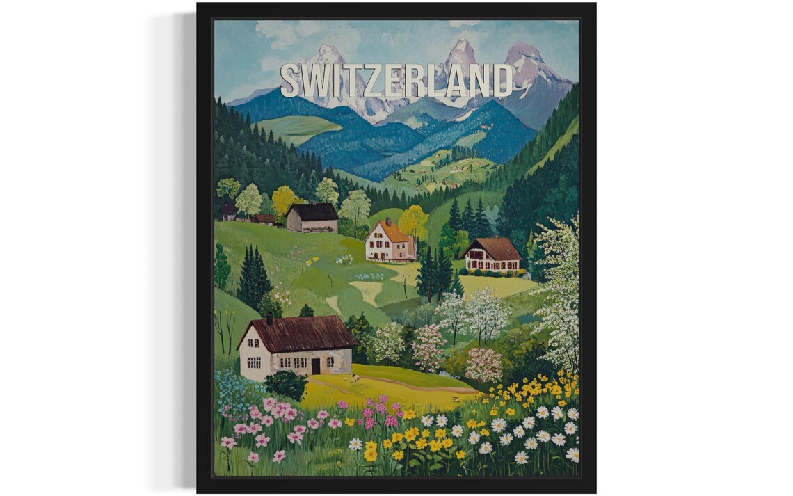 Switzerland Alpine Chalets Vintage Travel Poster Artwork Scene