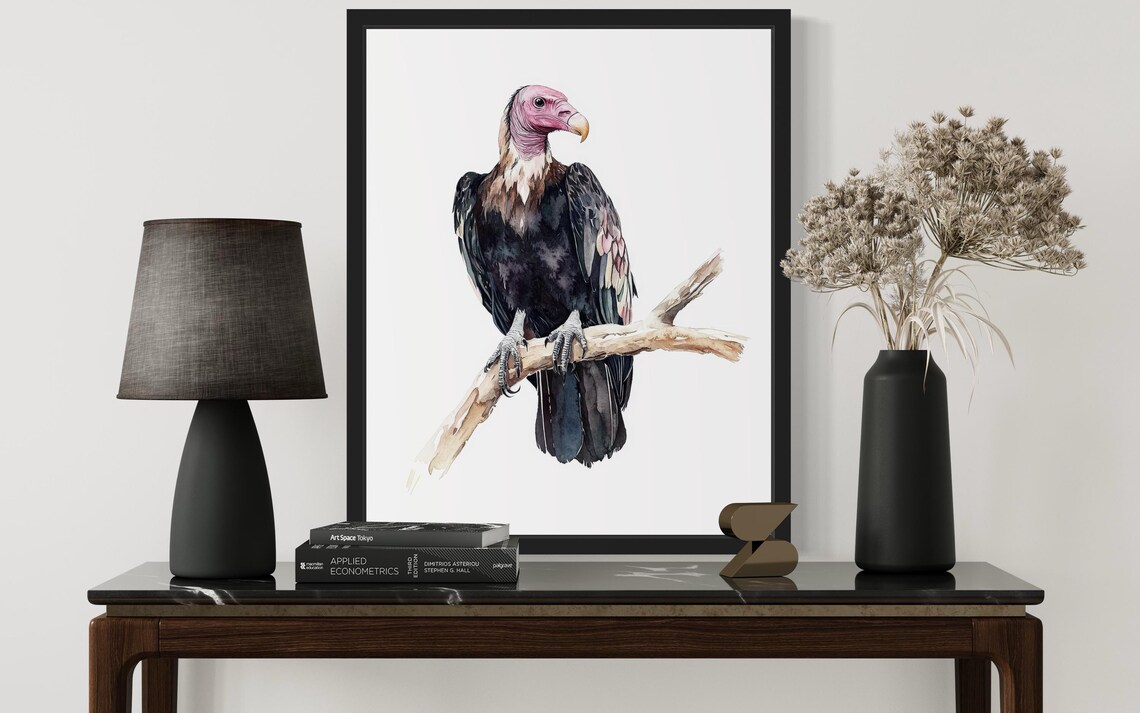 Red-Headed Vulture Watercolor Bird of Prey Perched on Branch Art Print - Image 3