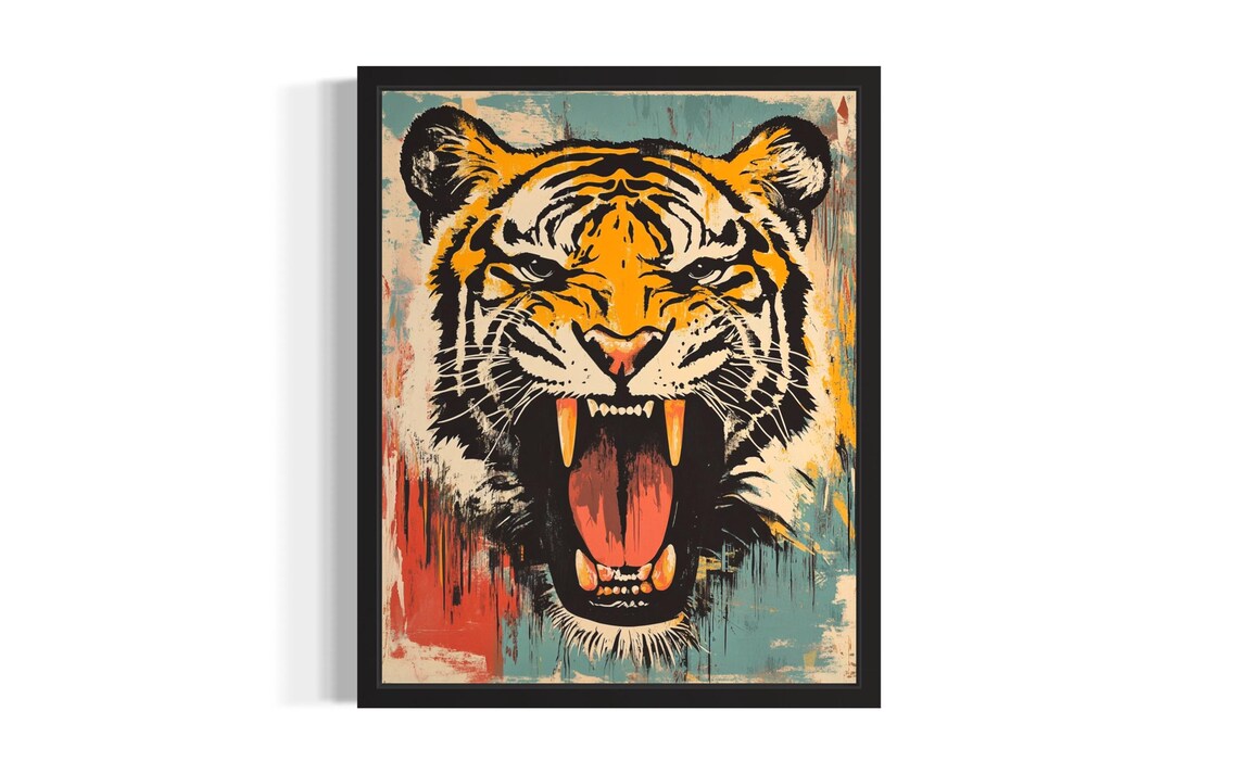 Roaring Tiger Head Fierce Pop Art Distressed Grunge Style Poster