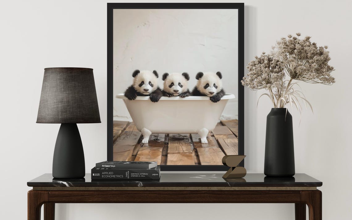 Three Baby Panda Cubs Peeking Over a White Bathtub Photo Poster - Image 2