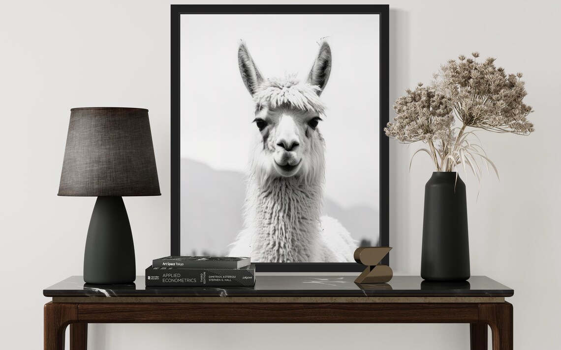 Llama Face Close-Up Portrait Black and White Photography Poster - Image 3