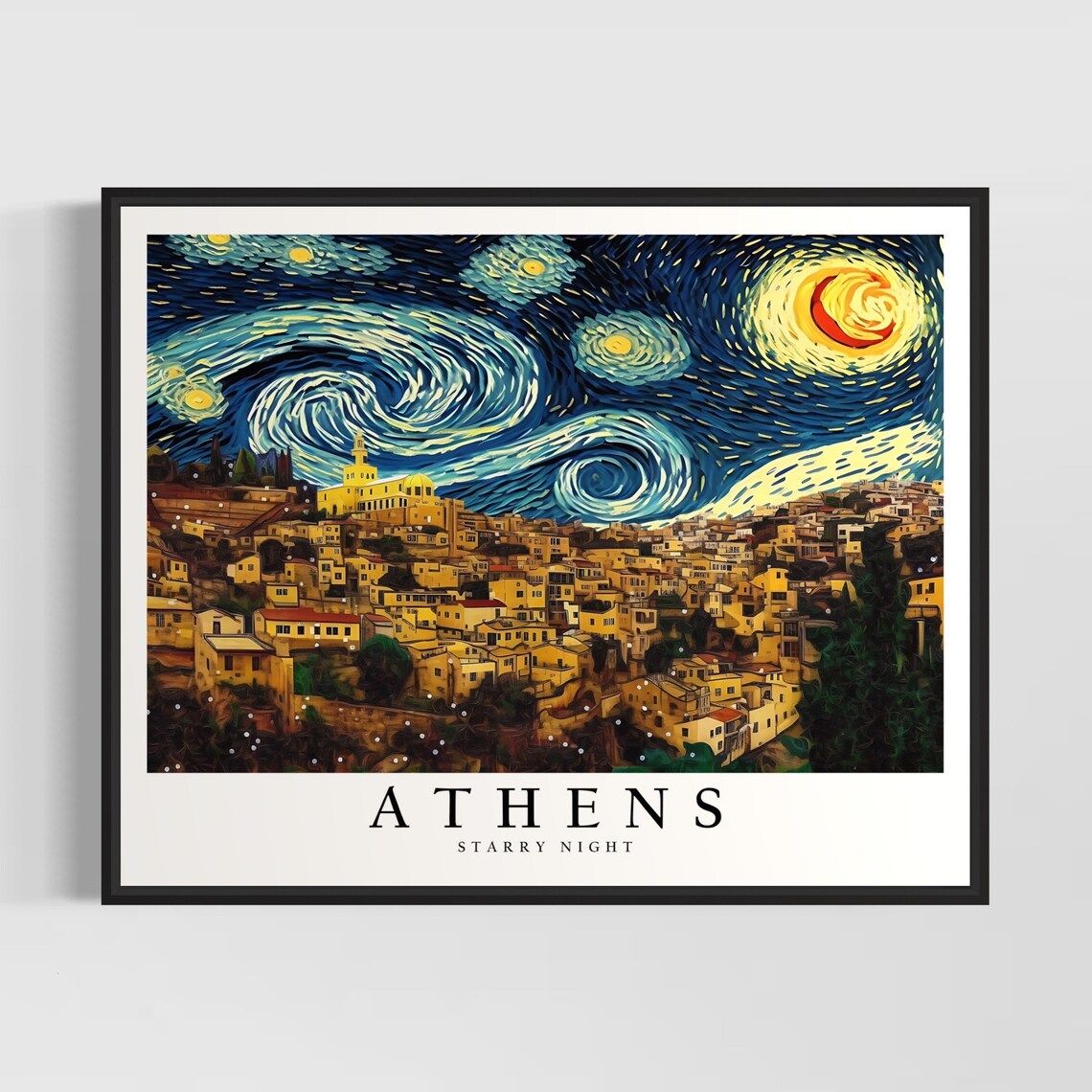 Athens Greece Starry Night Old Town Hillside Glowing City Night Art Poster