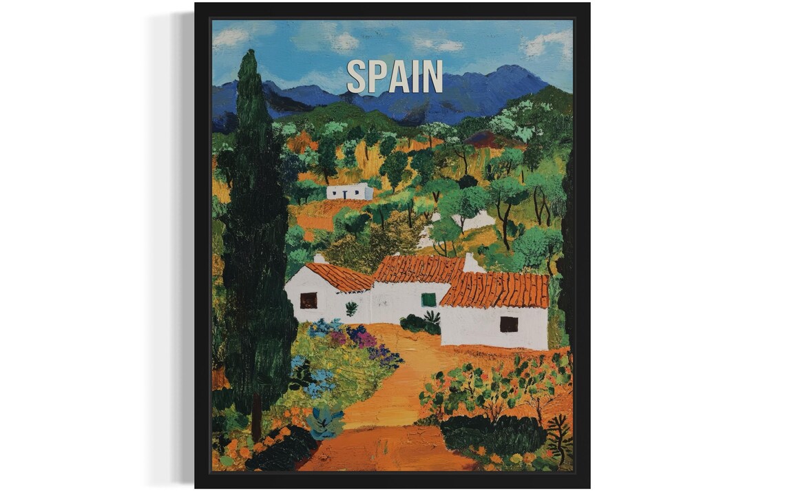 Spain Village Travel Poster Whitewashed Houses Red Roofs Art