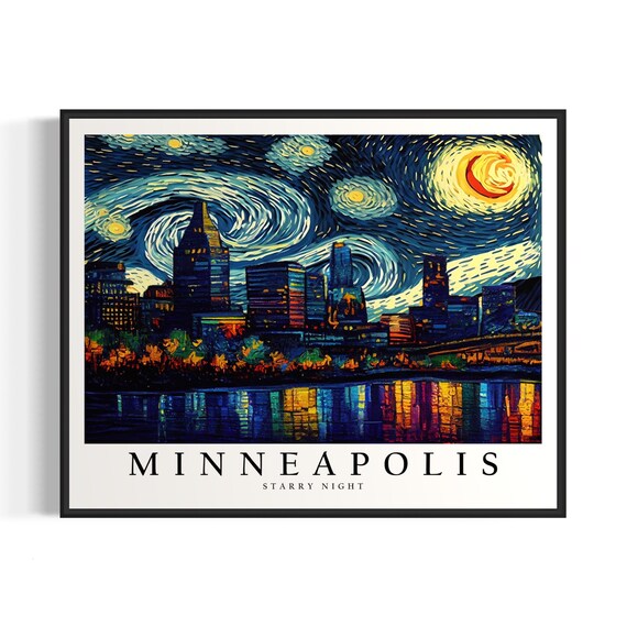 Minneapolis Minnesota Starry Night River Skyline Night Lights Art Poster