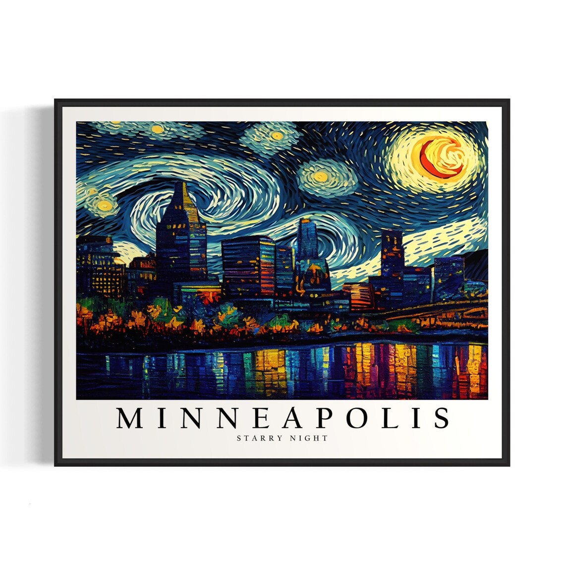 Minneapolis Minnesota Starry Night River Skyline Night Lights Art Poster