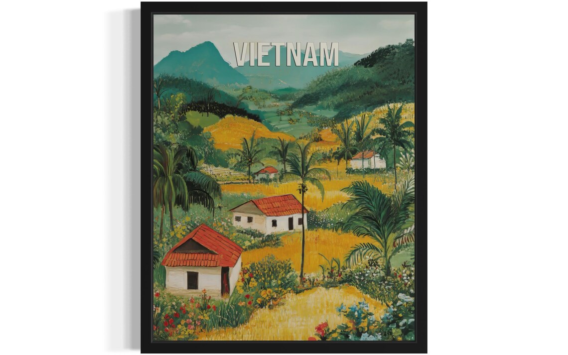 Vietnam Tropical Village Palm Trees Vintage Travel Poster Scene