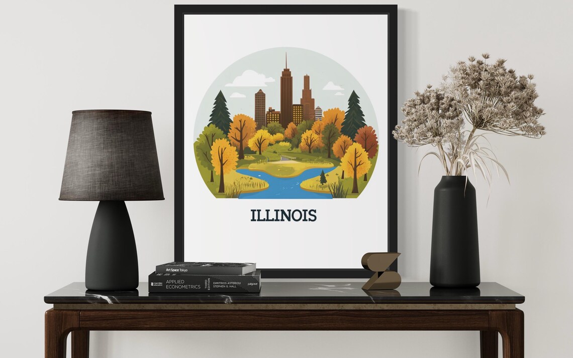 Illinois Chicago Towers Over Autumn Park River Circle Poster - Image 3