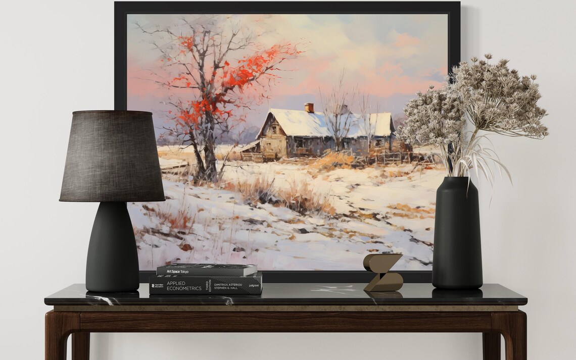Snowy Farmhouse at Dawn in Quiet Winter Countryside Painting Poster - Image 3