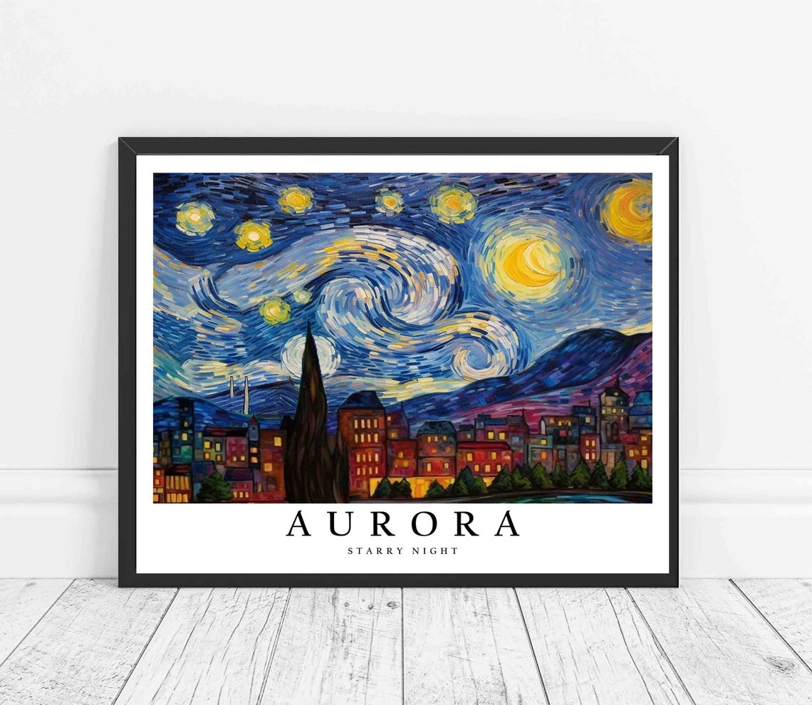 Aurora Starry Night City Lights Mountain Silhouette View Poster