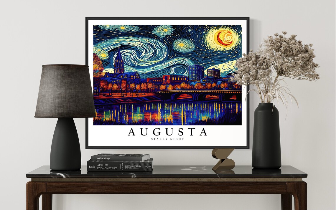 Augusta Starry Night Riverside Bridge Skyline Night Art Poster - Image 3