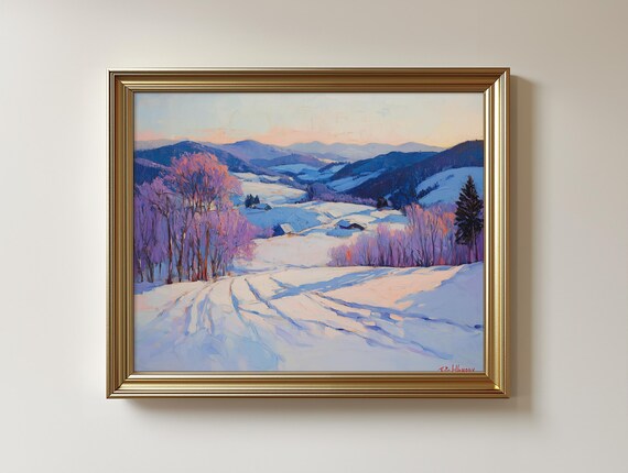 Snowy Hills Oil Painting Print Rustic Winter Landscape 229