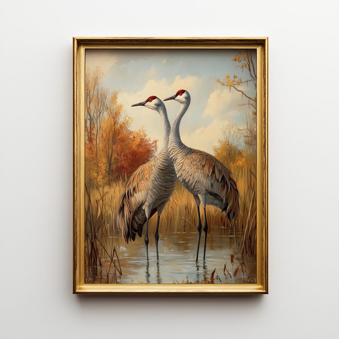 Sandhill Crane Couple Standing in Marsh Sunset Wildlife Art Poster