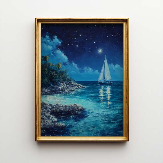 Starry Night Sailboat, Moody Coastal Seascape
