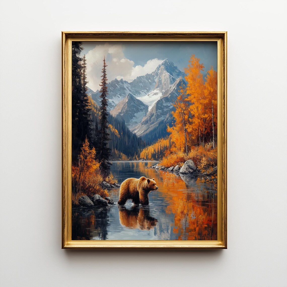 Autumn Mountain Landscape With Bear, Rustic Fall Scene Art Print