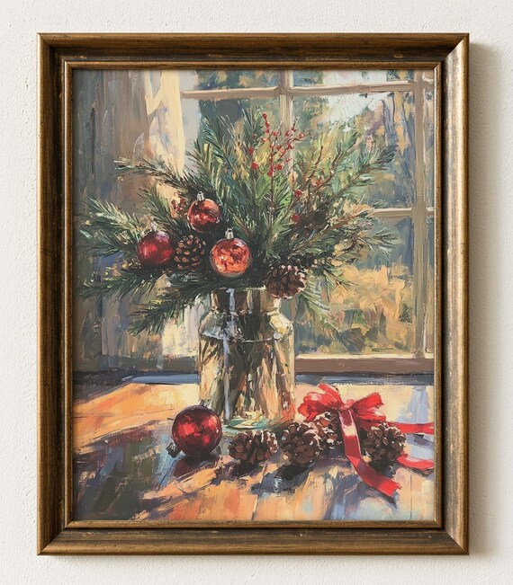 Christmas Fir Vase Red Baubles Pinecones Festive Tabletop Art Print