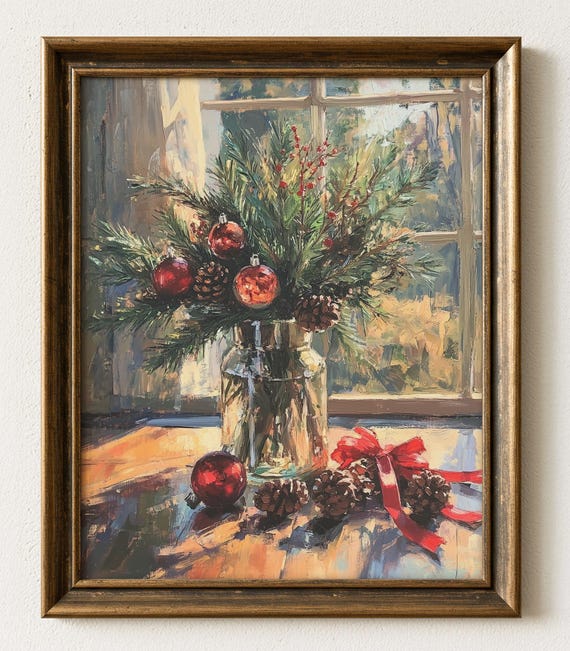 Christmas Tabletop Painting Rustic Vase With Fir Red Bows 659