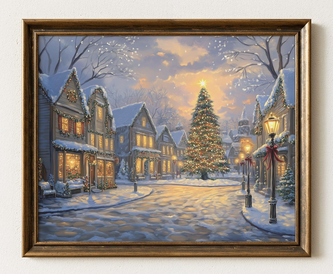 Snowy Christmas Village Street Shops Glowing Lights Cozy Town Poster