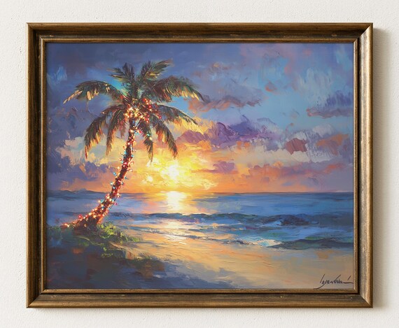 Palm Tree Christmas Lights Tropical Sunset Beach Oil Painting Poster