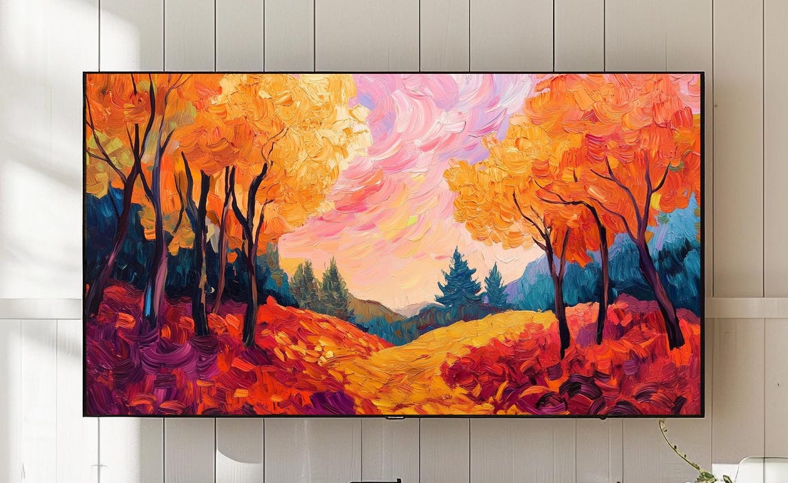 Golden Autumn Trees Pink Sky Impressionist Landscape Painting Poster
