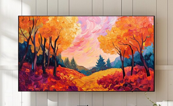 Autumn Landscape Frame Tv Art Golden Tree Oil Painting 724