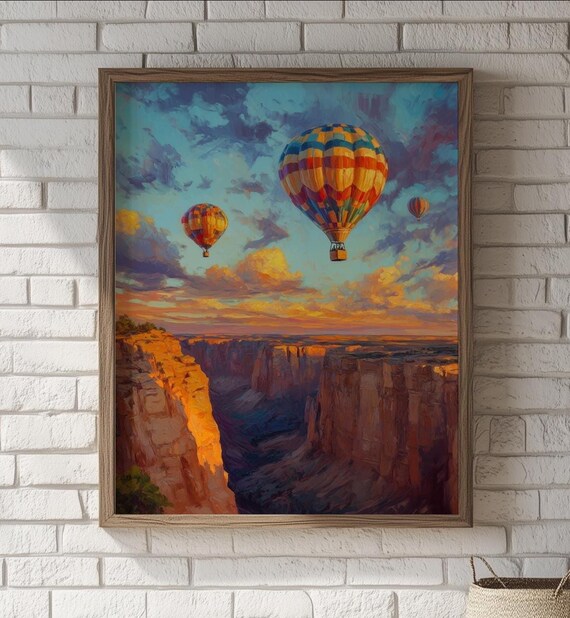Hot Air Balloons Floating Over Desert Canyon Sunset Painting Poster