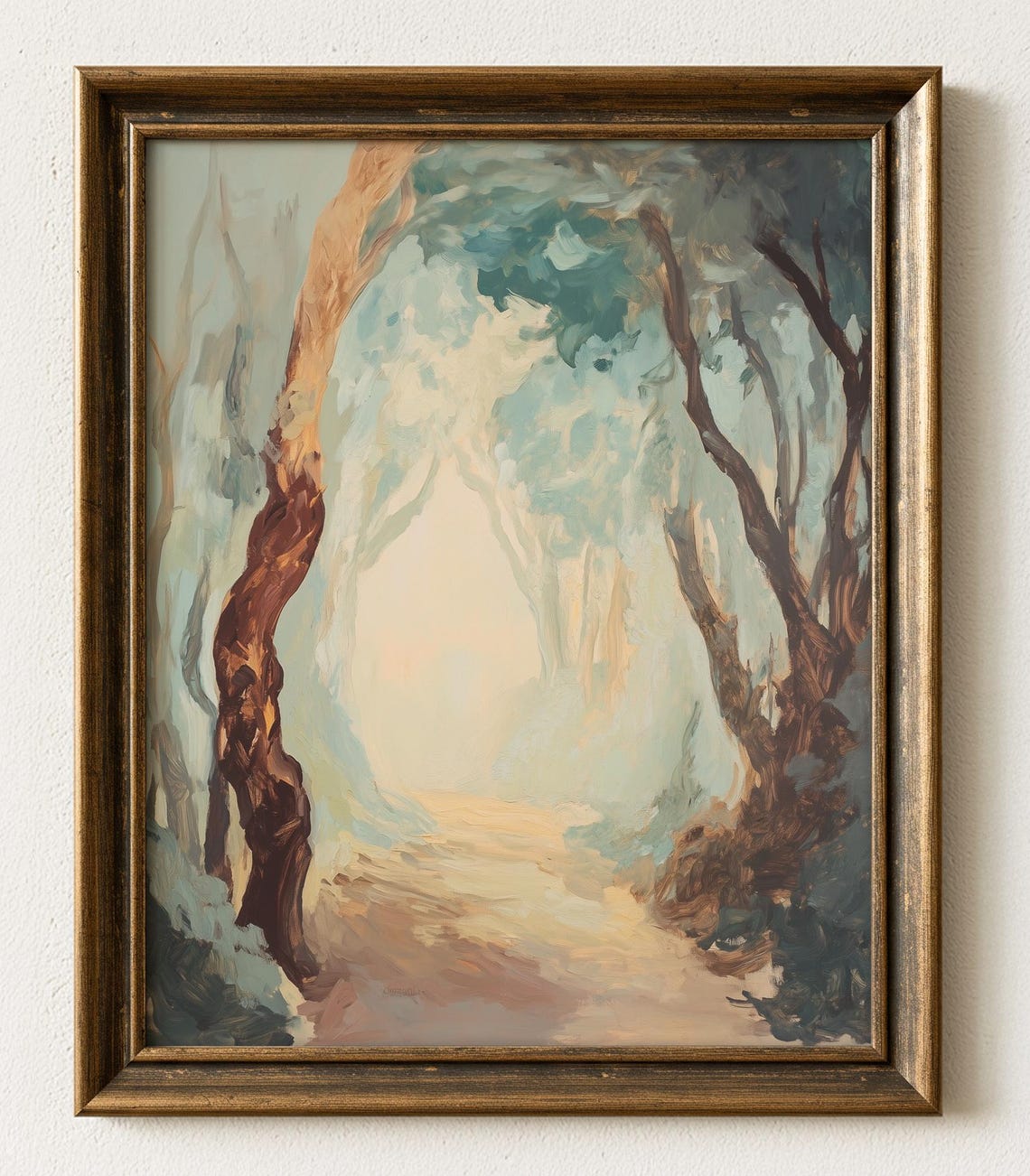 Ethereal Forest Clearing Painting Poster Misty Trees Soft Light Decor