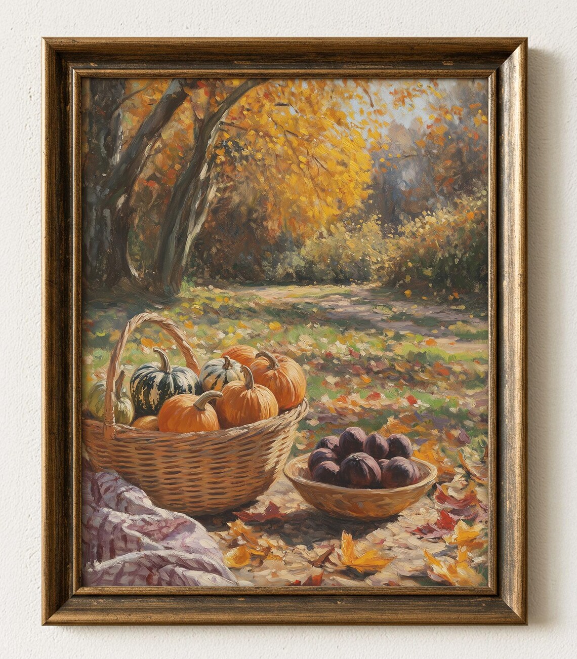 Autumn Picnic Scene Art Print Rustic Wicker Basket Landscape 570