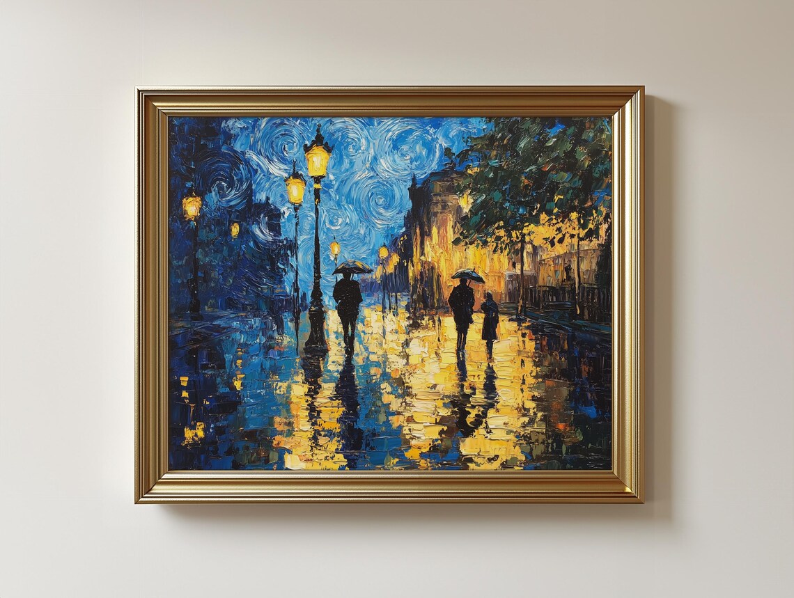 Rainy City Street at Night with Swirling Starry Sky Oil Poster