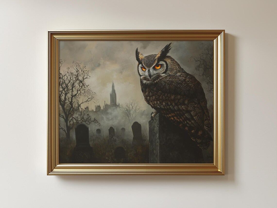 Moody Owl Cemetery Vintage Animal Portrait, Art Print