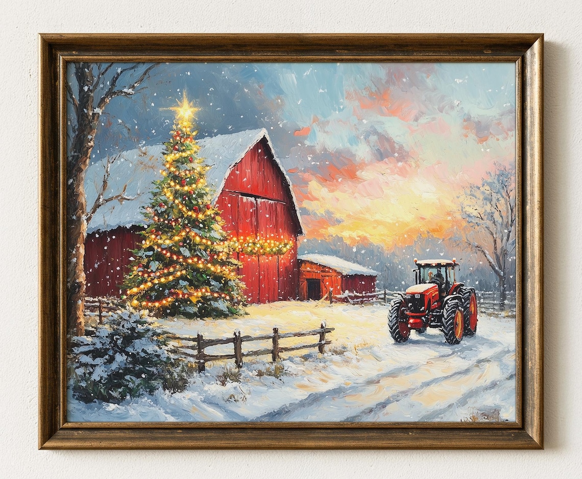 Red Barn Christmas Tree Red Tractor Snowy Farm Winter Poster