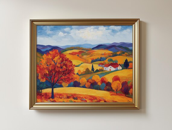 Autumn Hills Red Tree Farmhouse Valley Colorful Landscape Art Print