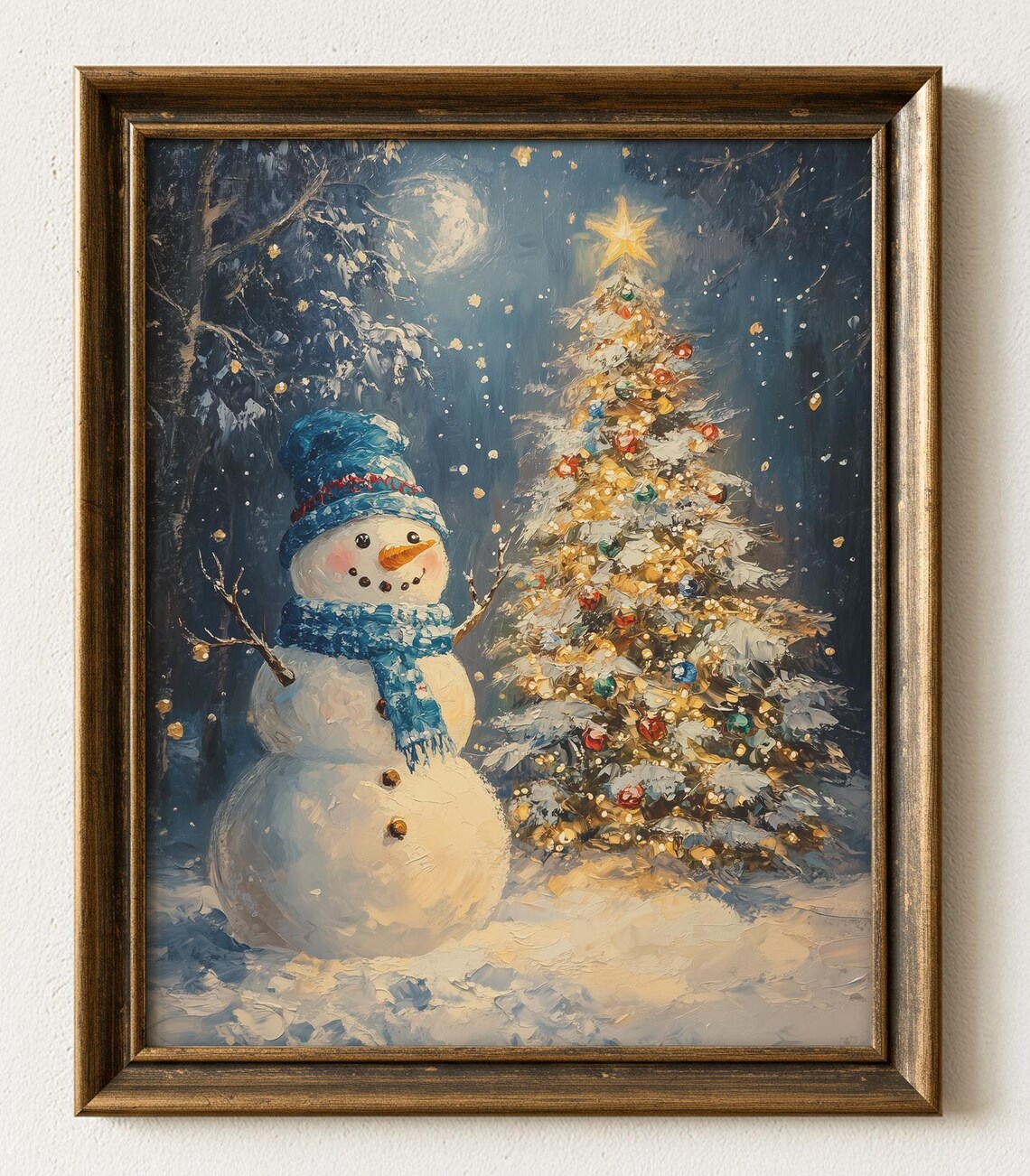 Vintage Snowman Christmas Tree, Winter Holiday Scene