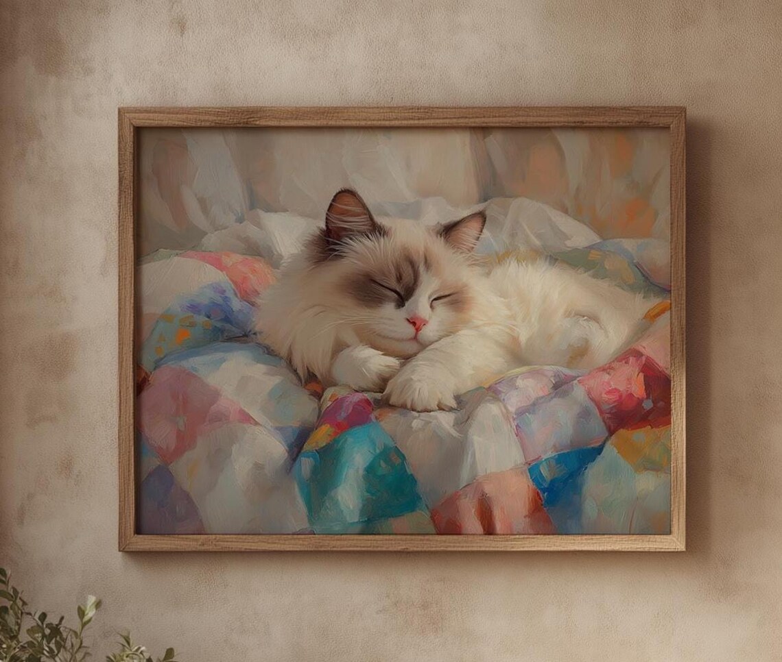 Vintage Ragdoll Cat Art Print, Cozy Feline