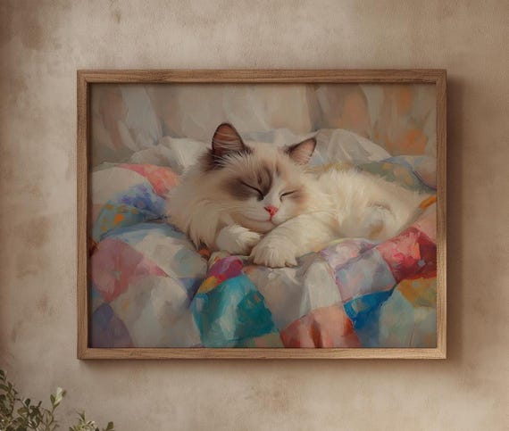 Vintage Ragdoll Cat Art Print, Cozy Feline