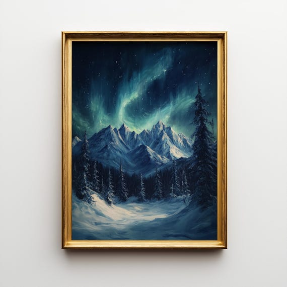 Northern Lights Print Snowy Mountain Winter Landscape 476