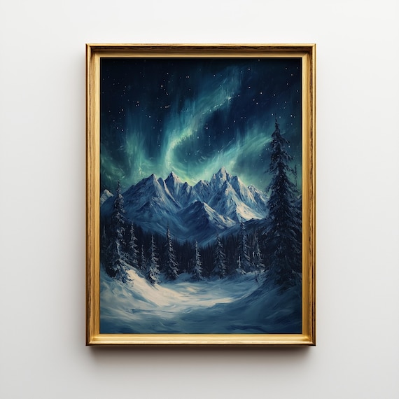 Northern Lights Snowy Mountain Night Winter Peaks Landscape Art Print