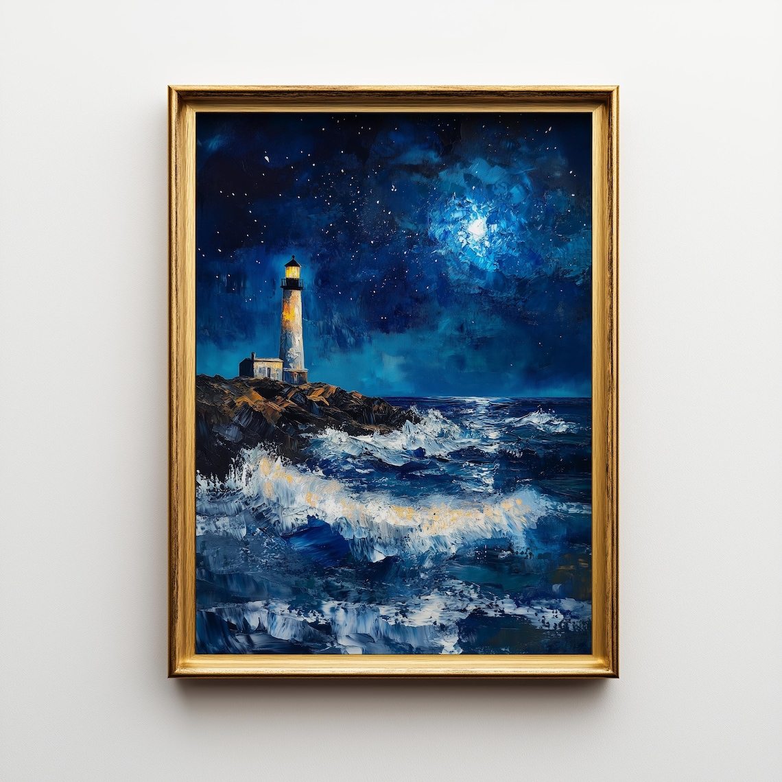 Coastal Lighthouse Starry Night, Moody Seascape