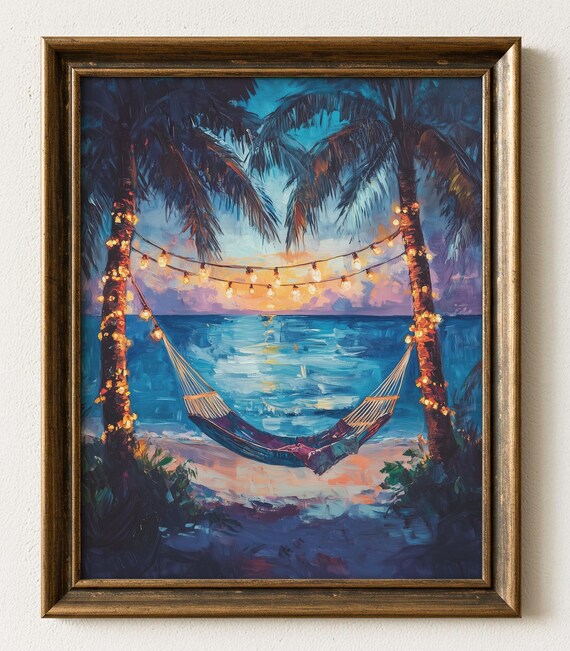 Tropical Evening Wall Art Rustic Beach Sunset Scene With Palm Trees Hammock Ocean View Decor Relaxing Coastal Print 613