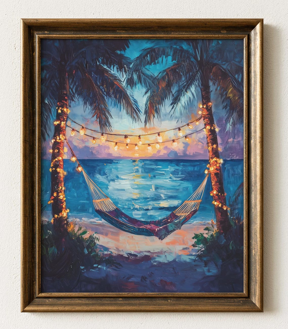 Tropical Beach Sunset Hammock With Palm Trees String Lights Poster