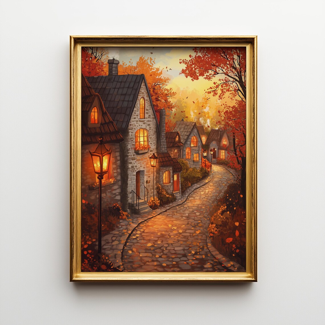 Autumn Village Print Rustic Cobblestone Streets Cozy Cottage 423