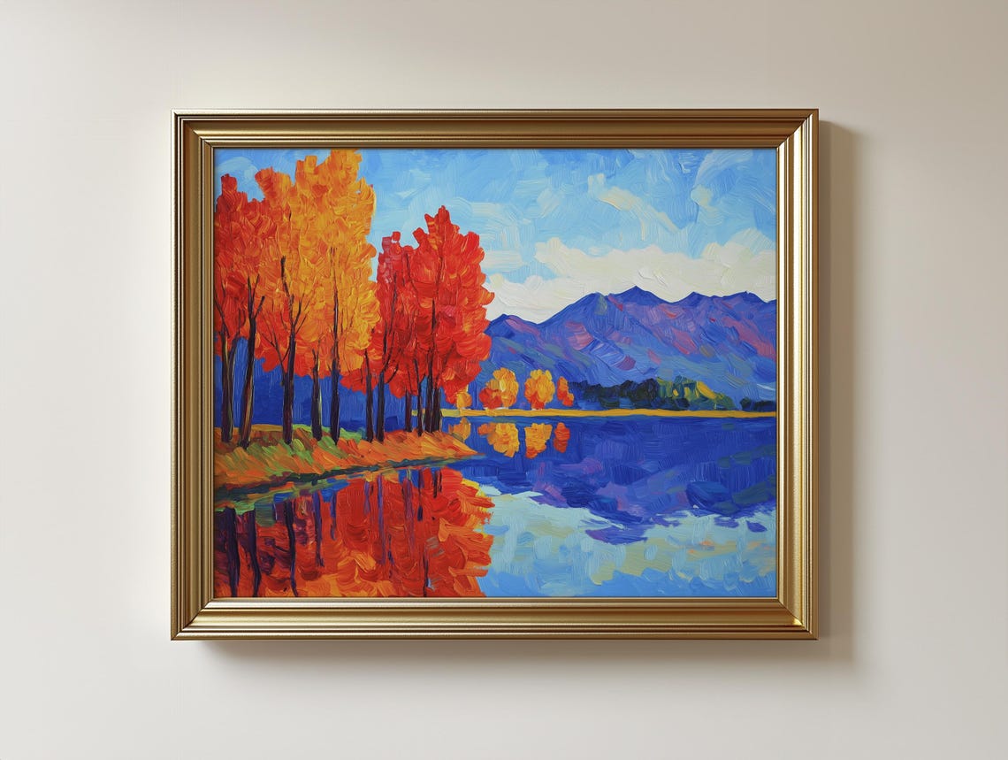 Autumn Lake Red Trees Mountain Reflection Fauvist Landscape Art Print