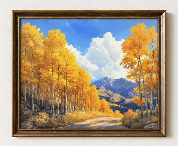 Golden Aspen Grove Mountain Road Autumn Fall Landscape Print