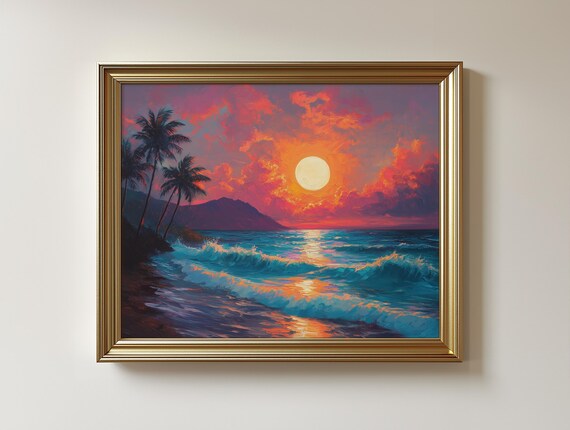 Tropical Sunset Ocean Waves Palm Tree Silhouette Purple Sky Poster