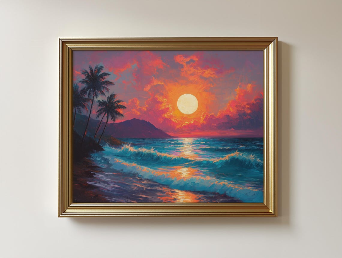 Tropical Sunset Ocean Waves Palm Tree Silhouette Purple Sky Poster