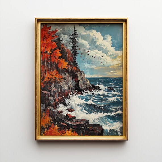 Rocky Coast Autumn Cliffs Crashing Waves Oil Painting Ocean Poster