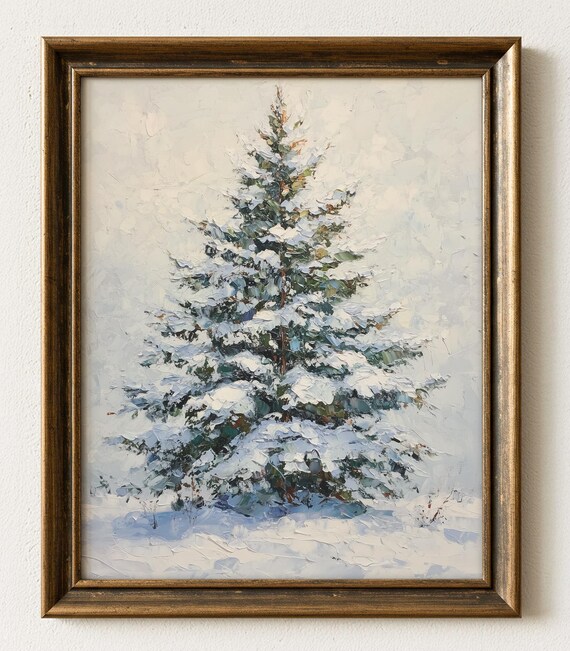 White Snowy Balsam Fir Tree Impasto Oil Winter Painting Poster
