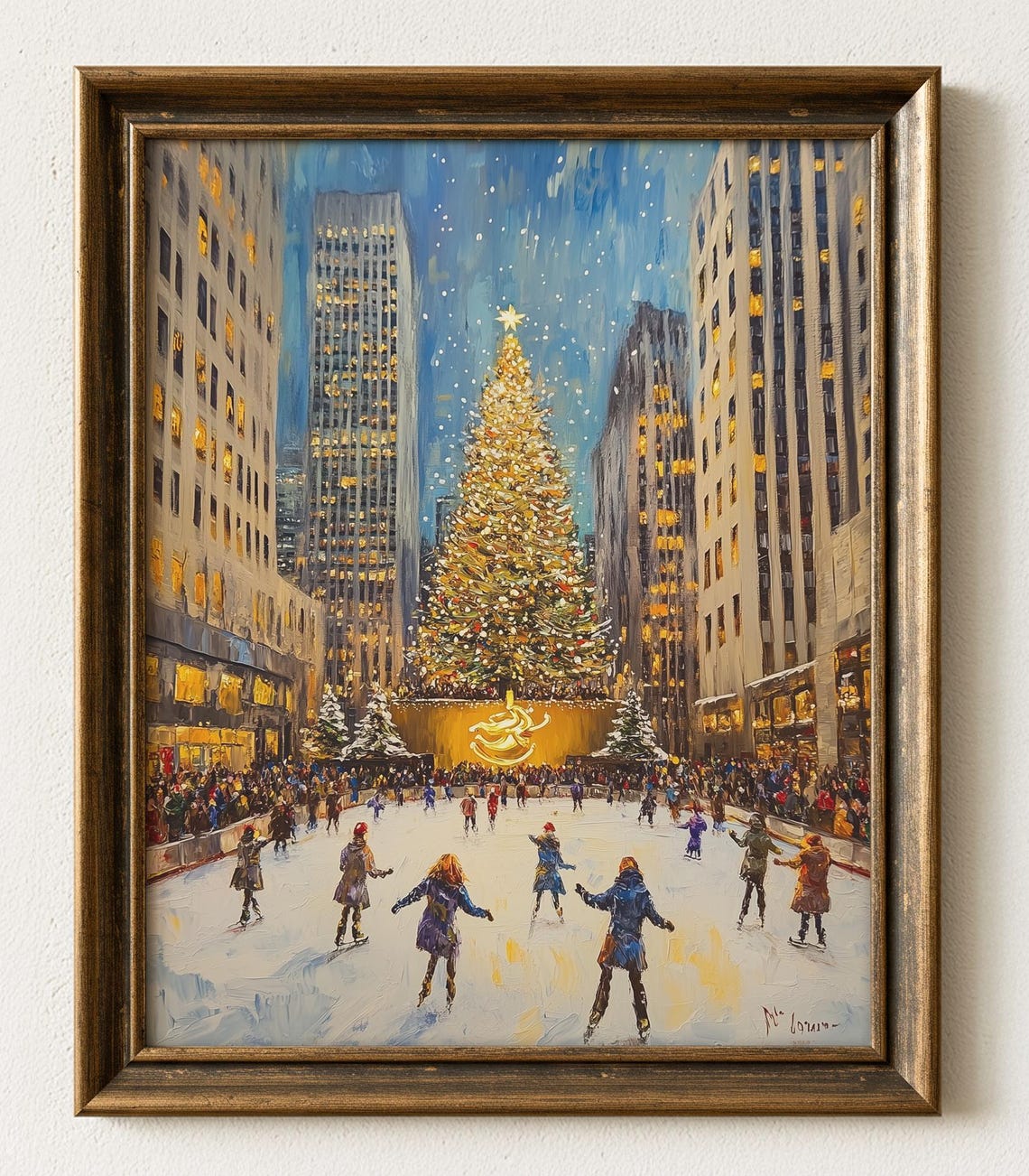 Christmas In Rockefeller Center Ice Skating Scene Vintage Holiday Wall Art Winter Decor Festive Cityscape Oil Painting 912